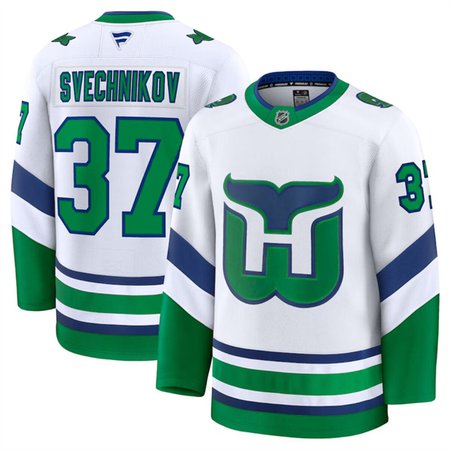Men's Carolina Hurricanes #37 Andrei Svechnikov White 2024-25 Throwback Stitched Hockey Premium Jersey