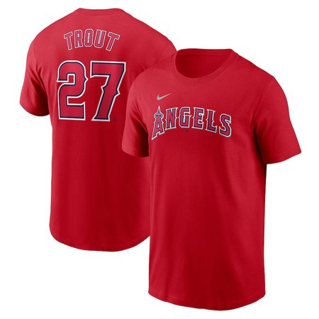 Men's Los Angeles Angels #27 Mike Trout Red Fuse Name & Number T-Shirt