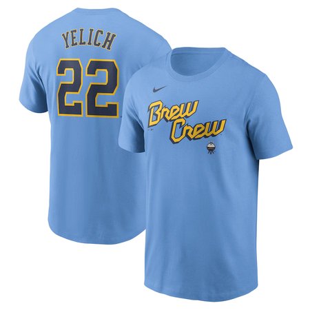 Men's Milwaukee Brewers #22 Christian Yelich Powder Blue City Connect Fuse Name & Number T-Shirt