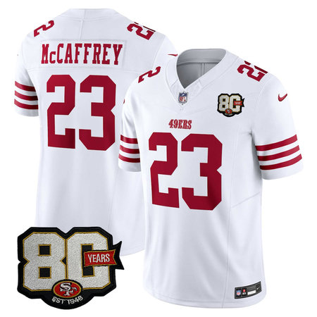 Men's San Francisco 49ers #23 Christian McCaffrey White 80 Anniversary Vapor F.U.S.E. Limited Jersey