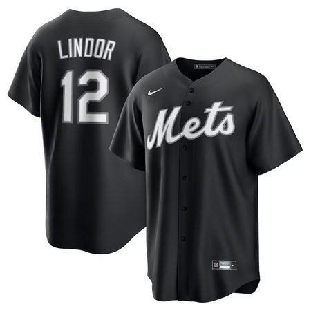 Men's New York Mets #12 Francisco Lindor Black Lights Out Replica Player Jersey