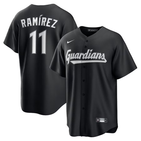 Men's Cleveland Guardians #11 Jose Ramirez Black Lights Out Replica Player Jersey