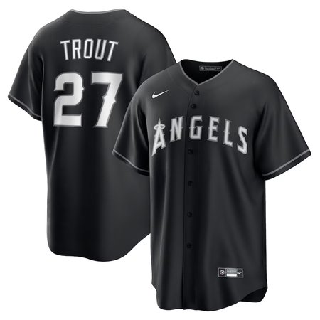 Men's Los Angeles Angels #27 Mike Trout Black Lights Out Replica Player Jersey