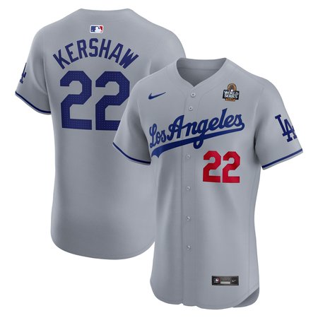 Men's Los Angeles Dodgers Clayton Kershaw Gray 2024 World Series Road Elite Player Jersey